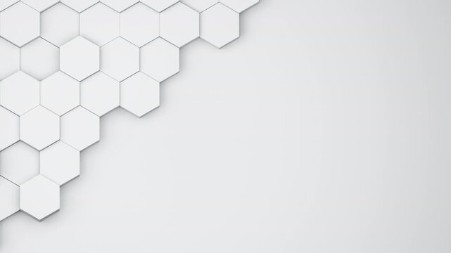 Abstract 4K white hexagon geometric background. 3D honeycomb seamless loop backdrop with copy space.