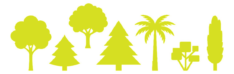 Minimalist green tree silhouettes set, collection of 7 flat nature icons, lime green forest and palm tree vector elements for landscape design © M