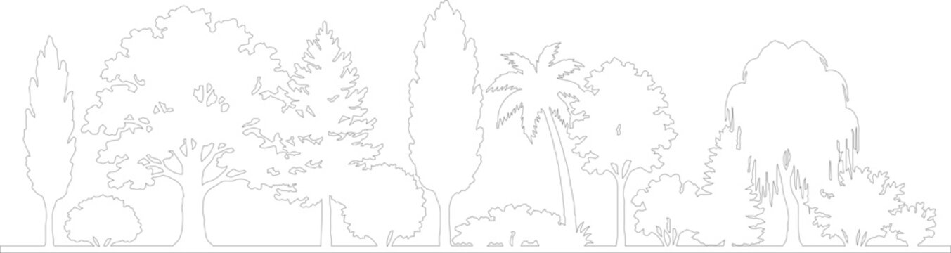 Minimalist tree line outline vector, botanical forest silhouette border, thin black line art of diverse trees and shrubs for landscape design
