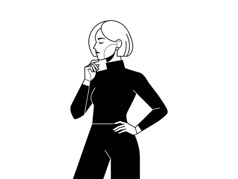 Elegant woman, thinking pose, black and white, minimalist illustration, vector graphics