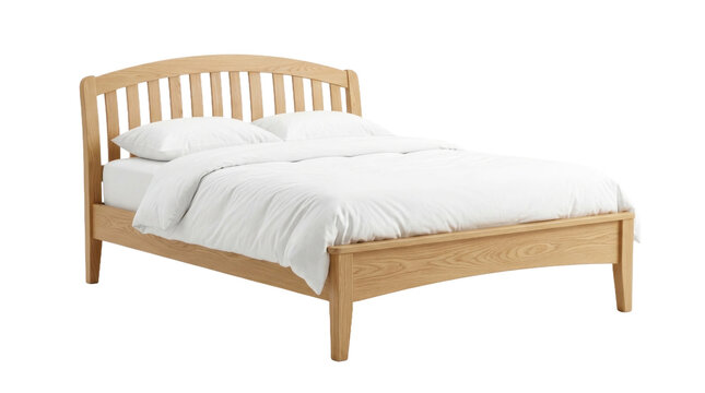 Wooden bed frame with white bedding on a transparent background PNG file