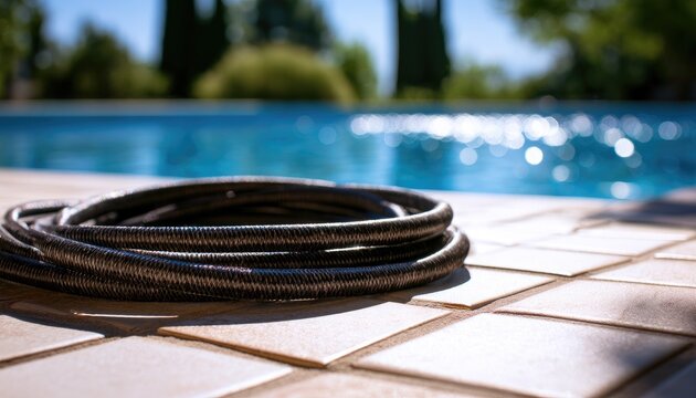 Coiled dark hose rests on sunlit, tiled poolside