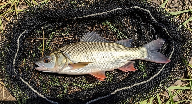 A common dace fish caught in a landing net