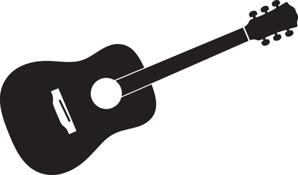 Minimalist black silhouette of an acoustic guitar with six tuning pegs, a circular sound hole, and a bridge, isolated on also transparent background