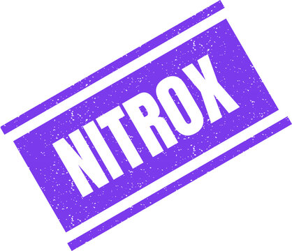 Purple rectangular rubber stamp showing the word nitrox with a grunge texture effect for documentation