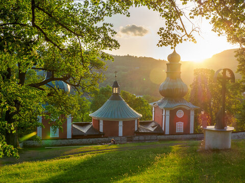 Banska Stiavnica calvary church in sunset, Slovakia