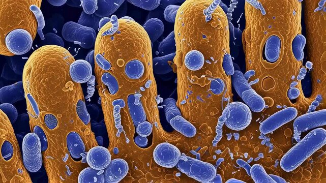 Microscopic view of gut villi colonized by bacteria. Intestinal track surface with blue microbes. Pathogen infection and intestinal health concept in medicine.