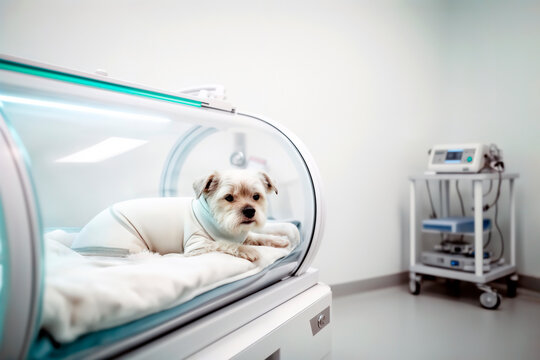 Small white dog resting inside a veterinary hyperbaric chamber.