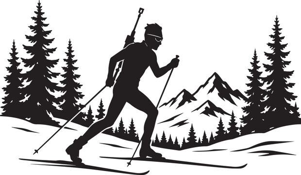 Skier in Motion on Snowy Mountain Trail with Cabin and Pine Trees Winter Landscape