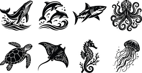 Stylized marine animal silhouettes, whale dolphin shark octopus turtle manta ray seahorse jellyfish, ocean wildlife tattoo art, aquatic creatures vector illustration, black white design © MdAriful