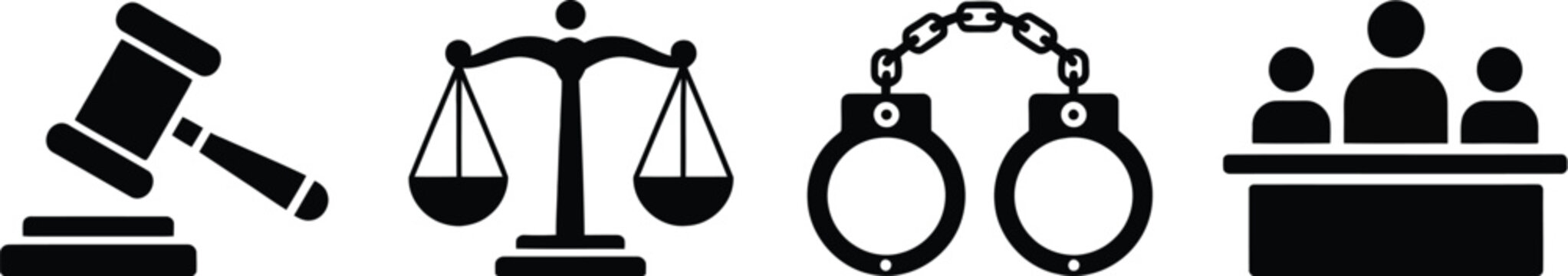 Justice, and law icon set, gavel scales of justice and handcuff symbols for legal system courtroom rights and law enforcement