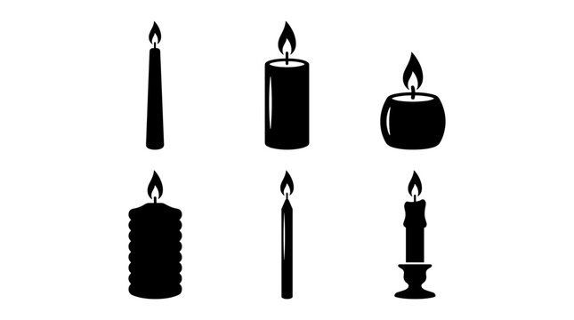 Set of six black silhouette candles with flames burning on white background