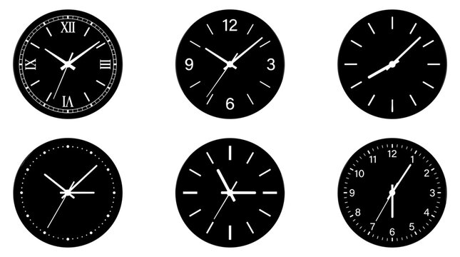 Collection of six black clock faces with white hands and numbers showing different times