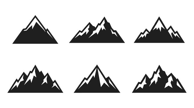 Collection of stylized mountain range icons in black and white silhouette