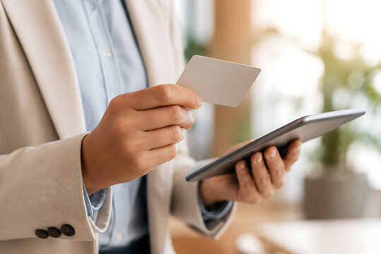 A businesswoman holds a blank white credit card while using a digital tablet for online shopping banking transactions and secure electronic payment processing business lifestyle