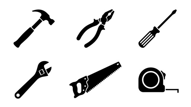 Collection of common hand tools including hammer pliers screwdriver wrench saw and tape measure
