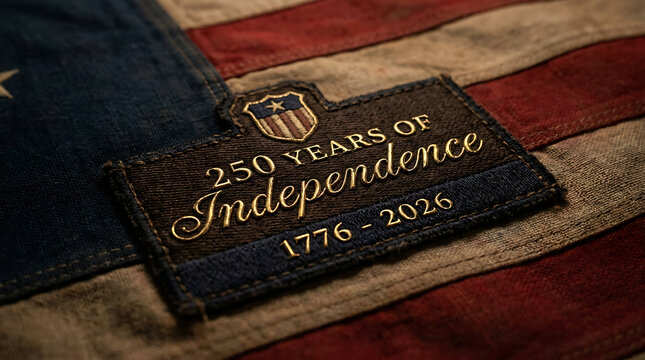 Detailed view of a 250 years of independence 17762026 patch sewn onto an old, textured american flag, marking the united states semiquincentennial