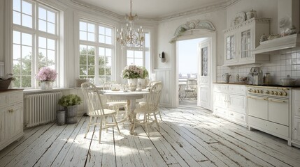 Fototapeta premium Bright, distressed white kitchen and dining area features large windows and access to an outdoor space