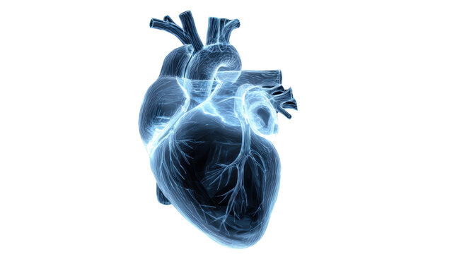 Human heart wireframe model with glowing blood vessels and arteries for cardiology diagnostics or medical technology