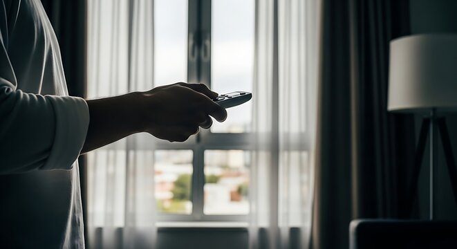 Person holding remote control in a dark room with window