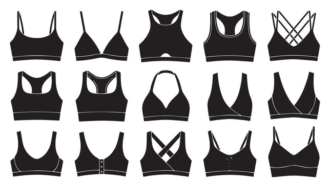 Diverse vector collection of women's bra styles, including sports bras, bralettes, and intimate apparel in sleek black silhouette icons