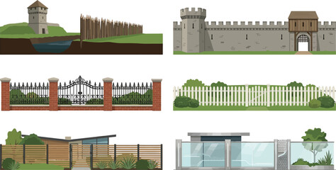 Collection of various fences and walls depicting historical fortifications traditional picket fences and modern security barriers isolated vector illustration © Ahmad