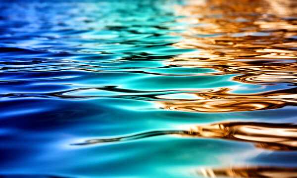 Abstract Surface of Rippling Water Reflecting Golden Sunset and Deep Blue Ocean Tones