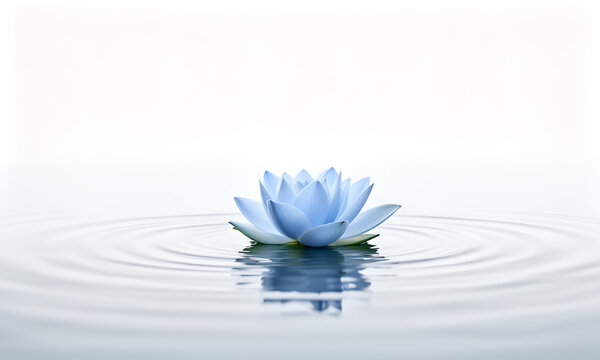 Beautiful Blue Lotus Flower Floating on Calm Water Surface Creating Gentle Concentric Ripples Background