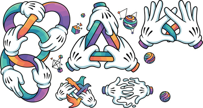 Surreal vector illustration set of cartoon gloved hands holding impossible shapes optical illusions and geometric 