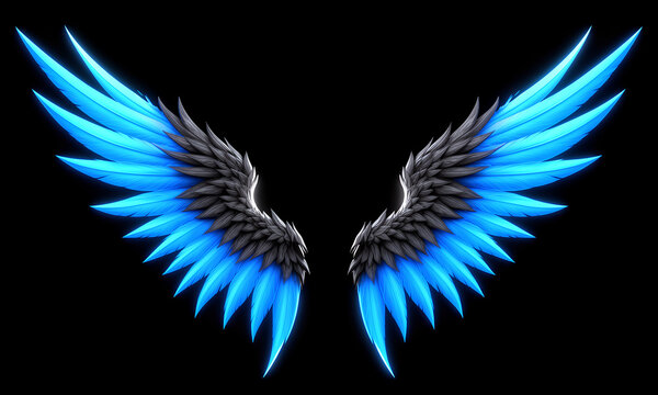Striking Neon Blue and Black Angel Wings Isolated on Black Background