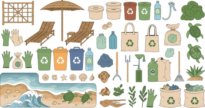 Beach cleanup and eco recycling conservation elements vector illustration set with sea turtles recycling bins and garbage bags