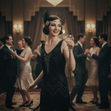 Elegant young woman in vintage 1920s flapper dress holding champagne glass at glamorous party. Sophisticated female guest enjoying celebration in luxury ballroom. Retro style and Gatsby era concept.