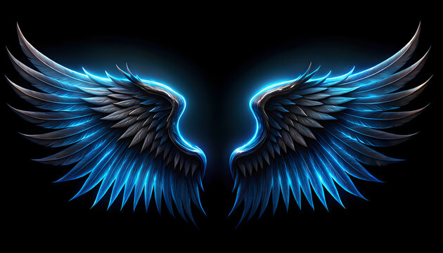 Stunning pair of dark angel wings glowing with vibrant blue light against a black background.