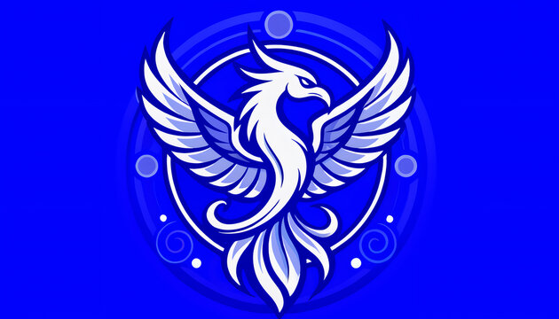 Stylized phoenix bird vector illustration with circular emblem on a vibrant blue background