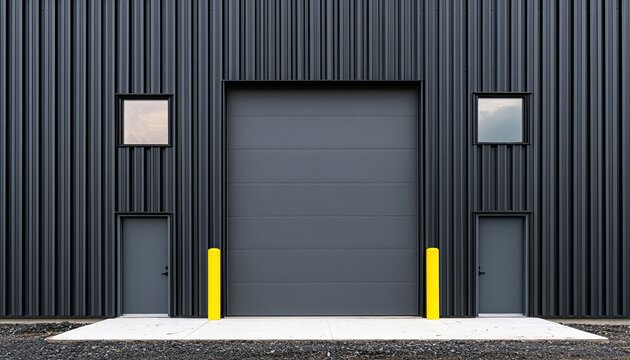 Industrial building exterior with large gray overhead door, two small doors, and two windows