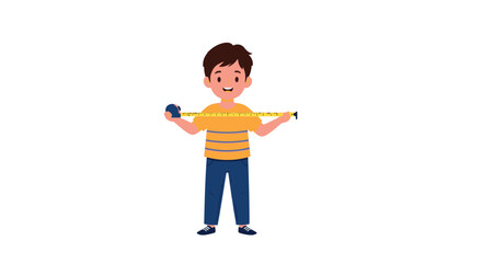 Fototapeta premium Happy young boy holding a yellow tape measure across his chest to check his height or width measurements.