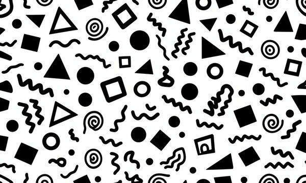 Seamless Memphis Style Pattern Background with Black Geometric Shapes on White Backdrop