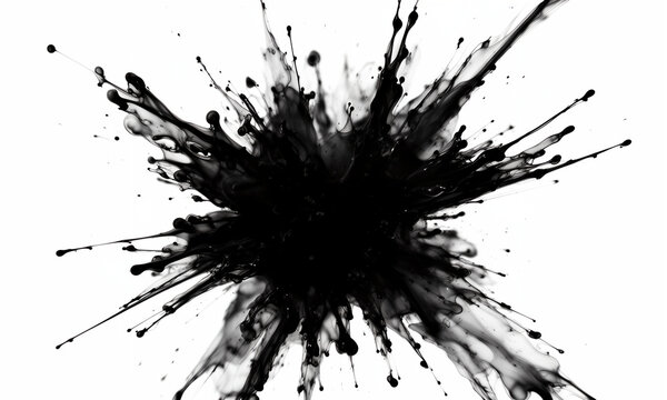 Intense black ink explosion creating an abstract splash texture isolated on white paper