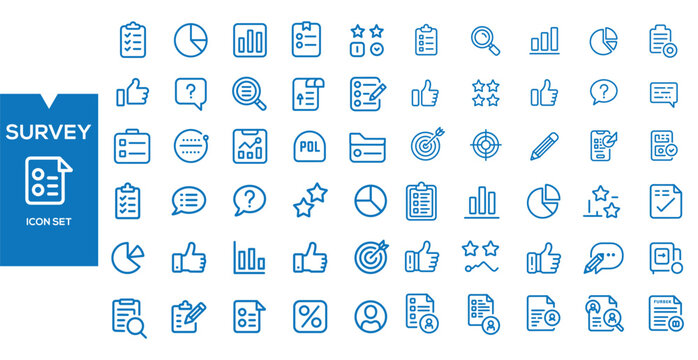Survey Icon Set: A comprehensive collection of modern line icons designed for survey and feedback processes, featuring elements like charts, checklists, magnifying glasses, and rating scales.