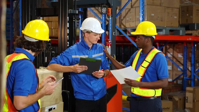 Factory manager and quality control inspector review production process line in food manufacturing plant with safety and industrial packaging operation in modern processing facility.