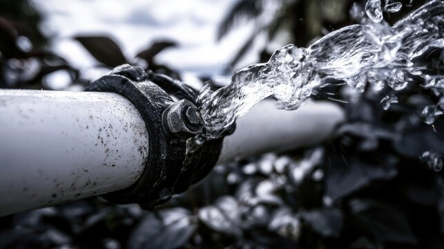 Water gushes from a pipe leak, creating a dynamic, splashing arc
