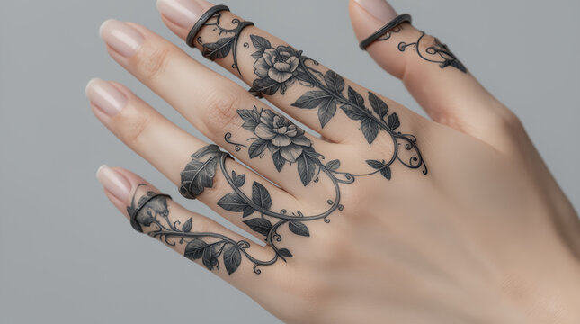 Close up of a female hand featuring delicate black floral vine finger tattoos