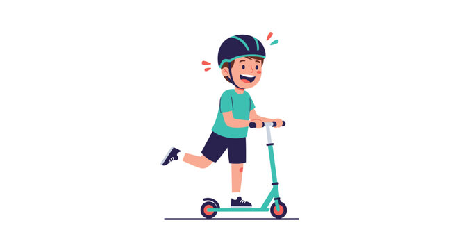 Cheerful young boy wearing a protective safety helmet rides a green kick scooter on a white background, promoting active outdoor fun.