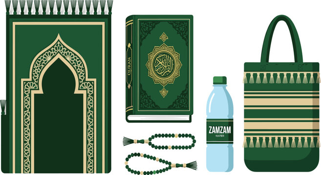 Islamic Religious Essentials Collection Featuring Quran Prayer Mat Tasbih Zamzam Water and Muslim Tote Bag
