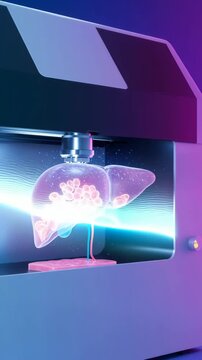 Bioprinter creates human liver using synthetic tissue printing. Modern biotechnology equipment constructs organ model for medicine research. Innovative science unit. Vertical video