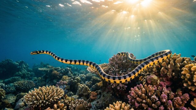 Yellow and black banded sea snake swimming over a vibrant coral reef under sunbeams