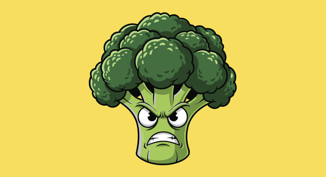 Funny vegetable character featuring an angry broccoli head with a grumpy facial expression on a yellow background.