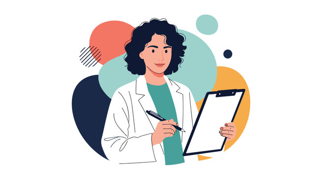 Professional female doctor wearing a white lab coat and holding a clipboard while writing with a pen in her hand.