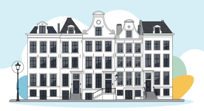 Row of traditional Dutch canal houses with characteristic gabled roofs and many windows in a clean flat illustration.