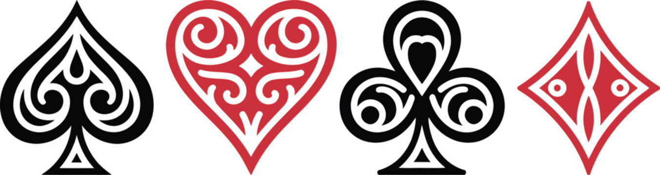 Poker card, suit icon set, decorative card symbols for casino design poker tournaments gaming interfaces and entertainment projects
